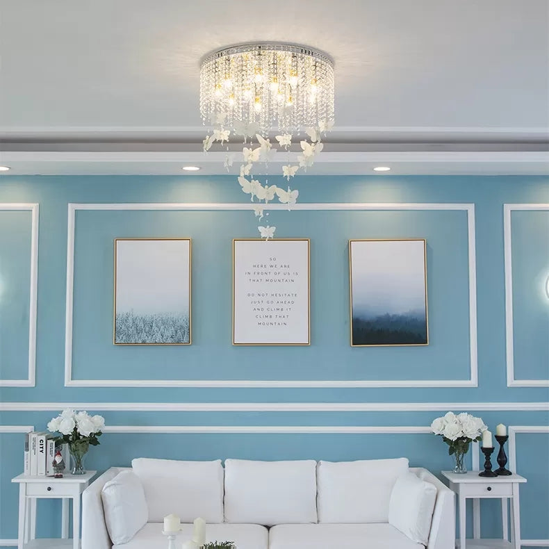 Romantic Round Ceiling Fixture with Butterfly & Clear Crystal Metal White Flush Ceiling Light for Shop Clearhalo 'Ceiling Lights' 'Close To Ceiling Lights' 'Close to ceiling' 'Flush mount' Lighting' 20731