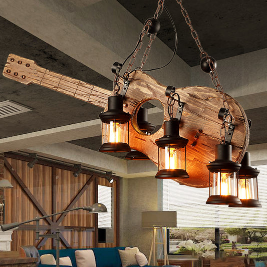 6-Light Clear Glass Hanging Chandelier Coastal Brown Lantern Living Room Pendant Light Fixture with Wooden Instrument Brown A Clearhalo 'Carpenter Chandeliers' 'Ceiling Lights' 'Chandeliers' 'Industrial Chandeliers' 'Industrial' 'Middle Century Chandeliers' 'Modern' 'Tiffany' Lighting' 207700