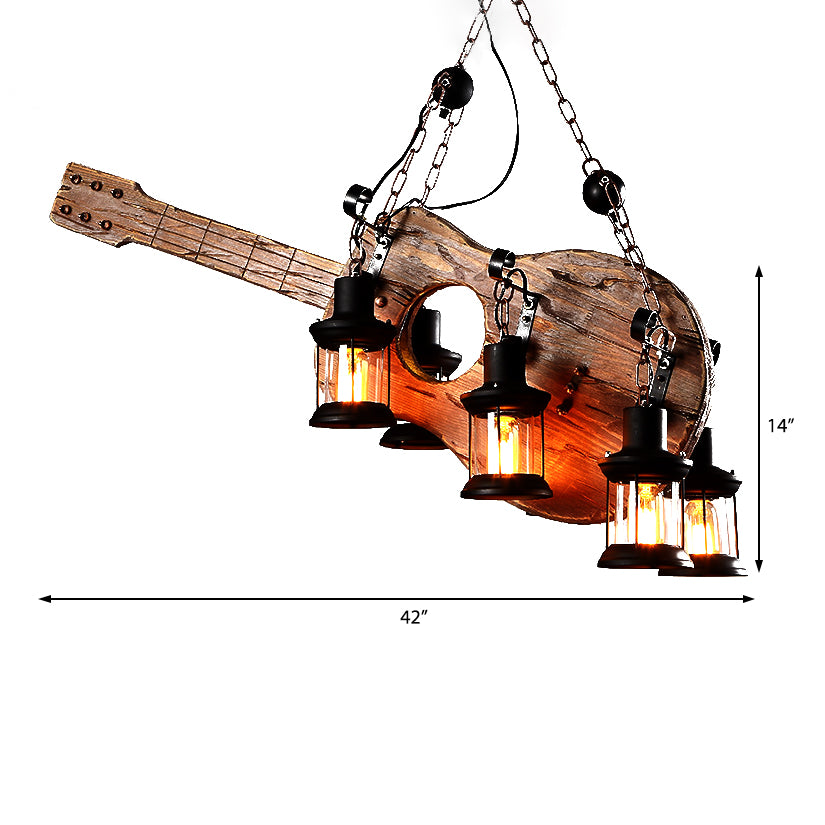 6-Light Clear Glass Hanging Chandelier Coastal Brown Lantern Living Room Pendant Light Fixture with Wooden Instrument Clearhalo 'Carpenter Chandeliers' 'Ceiling Lights' 'Chandeliers' 'Industrial Chandeliers' 'Industrial' 'Middle Century Chandeliers' 'Modern' 'Tiffany' Lighting' 207702