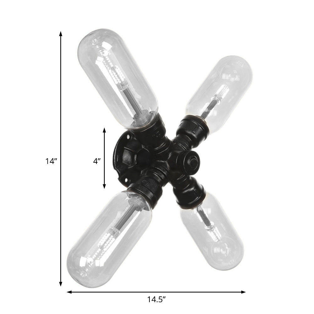 Clear Glass Black Sconce Light Capsule Shade 2/4 Light Industrial Wall Mounted Pipe Lighting Clearhalo 'Industrial wall lights' 'Industrial' 'Middle century wall lights' 'Tiffany' 'Wall Lamps & Sconces' 'Wall Lights' Lighting' 207991
