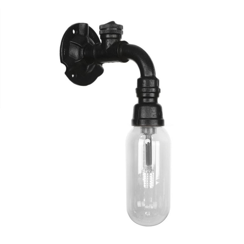 Black Capsule Shade Sconce Light Industrial Clear Glass 1 Light Corridor Wall Mount Lighting with Pipe Design Clearhalo 'Art deco wall lights' 'Cast Iron' 'Glass' 'Industrial wall lights' 'Industrial' 'Middle century wall lights' 'Modern' 'Rustic wall lights' 'Tiffany' 'Traditional wall lights' 'Wall Lamps & Sconces' 'Wall Lights' Lighting' 208131