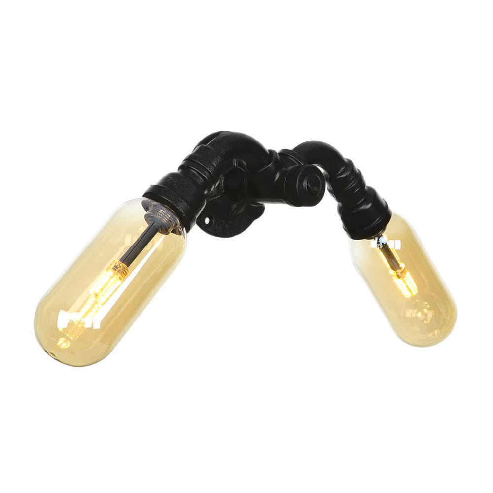 Amber Glass Black Sconce Light Capsule 2 Light Industrial Wall Mounted Pipe Light for Living Room Clearhalo 'Art deco wall lights' 'Cast Iron' 'Glass' 'Industrial wall lights' 'Industrial' 'Middle century wall lights' 'Modern' 'Rustic wall lights' 'Tiffany' 'Traditional wall lights' 'Wall Lamps & Sconces' 'Wall Lights' Lighting' 208501