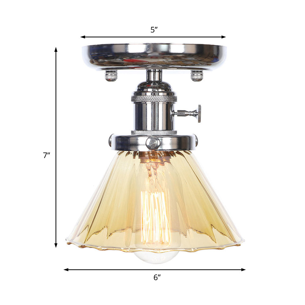 1 Bulb Semi Flush Mount Cone/Bell/Rhombus Industrial Clear/Amber Glass Ceiling Light in Chrome Clearhalo 'Ceiling Lights' 'Close To Ceiling Lights' 'Close to ceiling' 'Glass shade' 'Glass' 'Semi-flushmount' Lighting' 208978