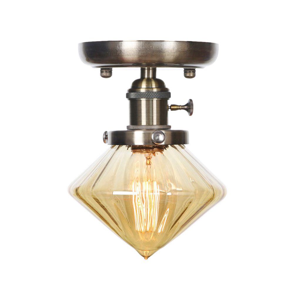 1 Light Ceiling Lighting Industrial Cone/Bell/Rhombus Clear/Amber Glass Semi Flush Mount Light in Bronze Clearhalo 'Ceiling Lights' 'Close To Ceiling Lights' 'Close to ceiling' 'Glass shade' 'Glass' 'Semi-flushmount' Lighting' 209019