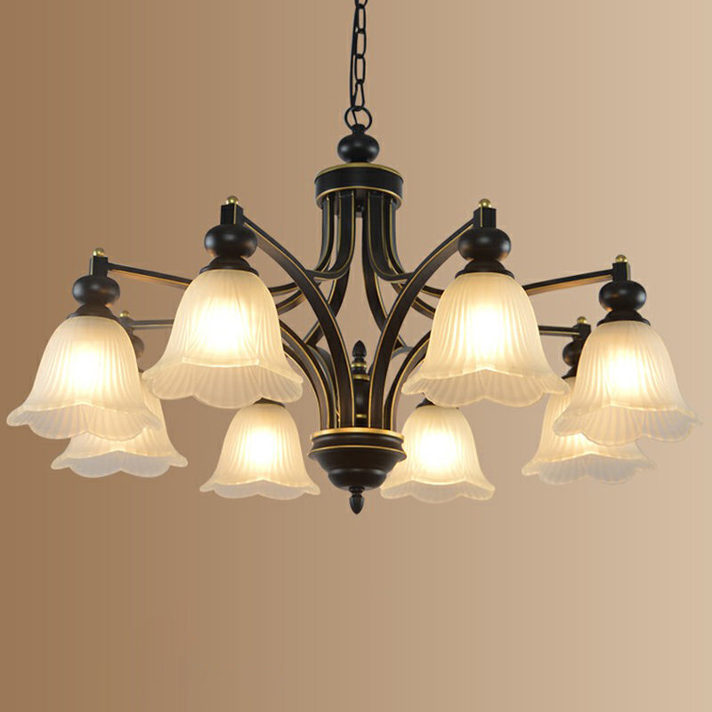 Opal Glass Flower Chandelier Light Retro Living Room Pendant Light Fixture in Black Clearhalo 'Ceiling Lights' 'Chandeliers' 'Glass shade' 'Glass' Lighting' 2091949