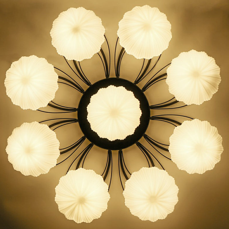 Ribbed Cream Glass Black Flush Mount Chandelier Bowl Classic Semi Flush Light Fixture for Dining Room Clearhalo 'Ceiling Lights' 'Close To Ceiling Lights' 'Close to ceiling' 'Glass shade' 'Glass' 'Semi-flushmount' Lighting' 2092268