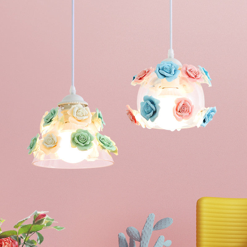1-Light Pendant Lighting Korean Garden Rose Ceramic Suspension Light Fixture for Bedroom Clearhalo 'Ceiling Lights' 'Close To Ceiling Lights' 'Glass shade' 'Glass' 'Pendant Lights' 'Pendants' Lighting' 2092315
