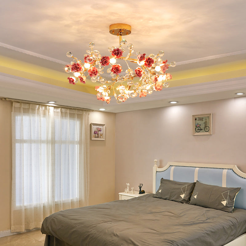 Ceramic Rose Semi Flush Light Korean Garden Living Room Ceiling Flush Mount with Crystal Accents Clearhalo 'Ceiling Lights' 'Close To Ceiling Lights' 'Close to ceiling' 'Semi-flushmount' Lighting' 2092409