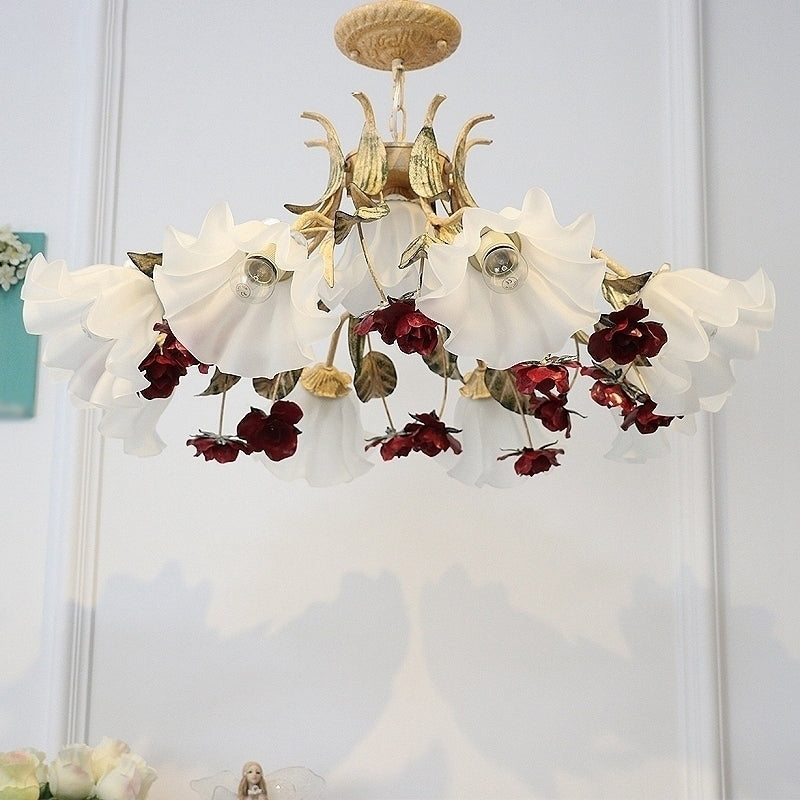 Floral Living Room Ceiling Lighting Pastoral Cream Glass Red Chandelier Light Fixture Clearhalo 'Ceiling Lights' 'Chandeliers' 'Glass shade' 'Glass' 'Island Lights' Lighting' 2092488
