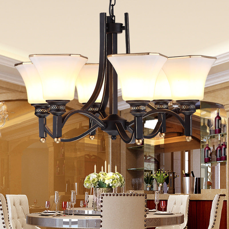 White Glass Bell Hanging Chandelier Traditional 3/6 Lights Living Room Pendant Light in Black 6 Black Clearhalo 'Ceiling Lights' 'Chandeliers' Lighting' options 210148_e5b64f46-8dc0-4ce8-ab45-31640892c7b2