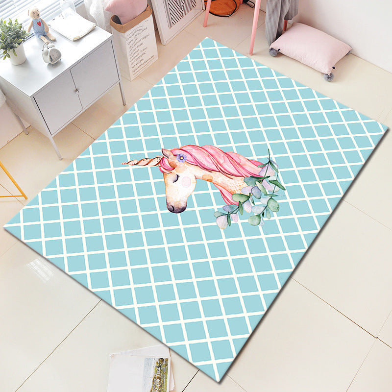 Nordic Girls Bedroom Rug Multi-Colored Unicorn and Flower Print Rug Polypropylene Pet Friendly Stain Resistant Non-Slip Indoor Rug Blue Clearhalo 'Area Rug' 'Rug' 2106132