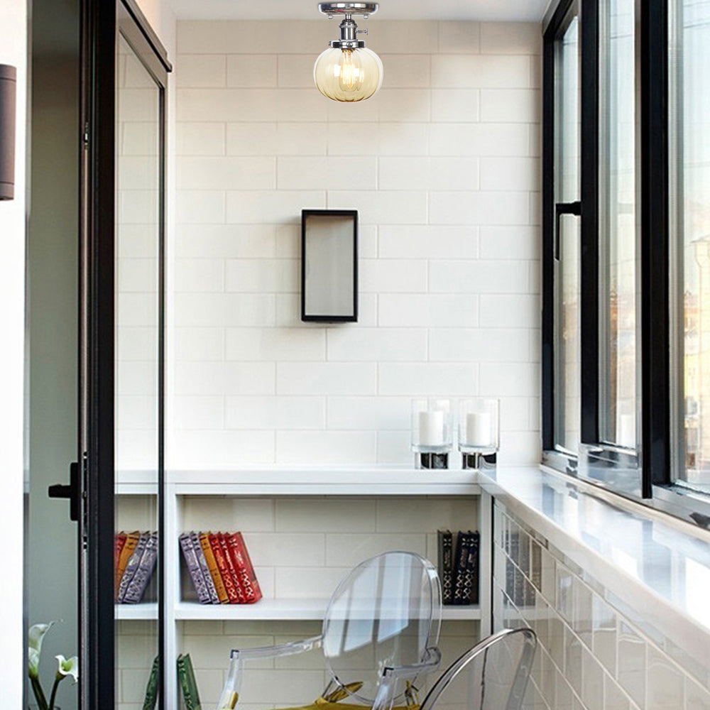 Chrome 1 Light Ceiling Mount Clear/Amber Glass Industrial Globe/Round Semi Flush Light for Dining Room Clearhalo 'Ceiling Lights' 'Close To Ceiling Lights' 'Close to ceiling' 'Glass shade' 'Glass' 'Pendant Lights' 'Semi-flushmount' Lighting' 214660