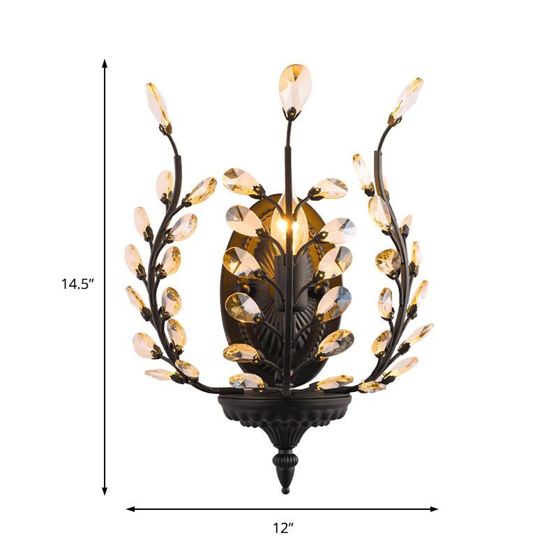 Flower Shape Wall Mount Light Vintage Metal 1 Light Black Sconce Light with Crystal Leaf Decoration Clearhalo 'Modern wall lights' 'Modern' 'Wall Lamps & Sconces' 'Wall Lights' Lighting' 214780
