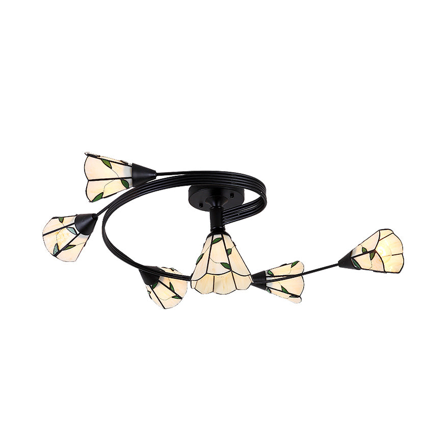4/6 Heads Curved Semi Flush Light Tiffany Style Stained Glass Bedroom Semi Flushmount in White Clearhalo 'Ceiling Lights' 'Close To Ceiling Lights' 'Close to ceiling' 'Glass shade' 'Glass' 'Pendant Lights' 'Semi-flushmount' 'Tiffany close to ceiling' 'Tiffany' Lighting' 21623