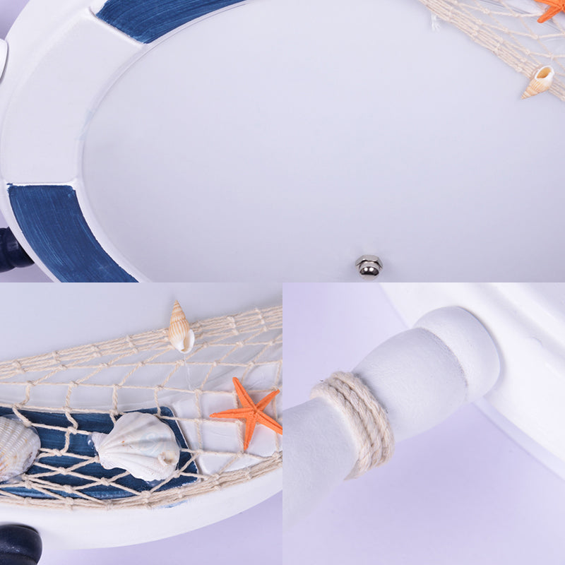 Rudder Wooden Flush Mount Lamp Nautical Style LED White Ceiling Mounted Light with Frosted Glass Shade Clearhalo 'Ceiling Lights' 'Close To Ceiling Lights' 'Close to ceiling' 'Flush mount' Lighting' 216654