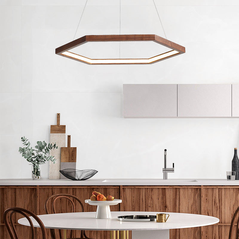 Hexagonal Pendant Chandelier Contemporary Acrylic LED Light/Dark Wood Hanging Ceiling Light, 16"/19.5"/23.5" Wide Clearhalo 'Carpenter Chandeliers' 'Ceiling Lights' 'Chandeliers' 'Industrial' 'Modern Chandeliers' 'Modern' Lighting' 216829