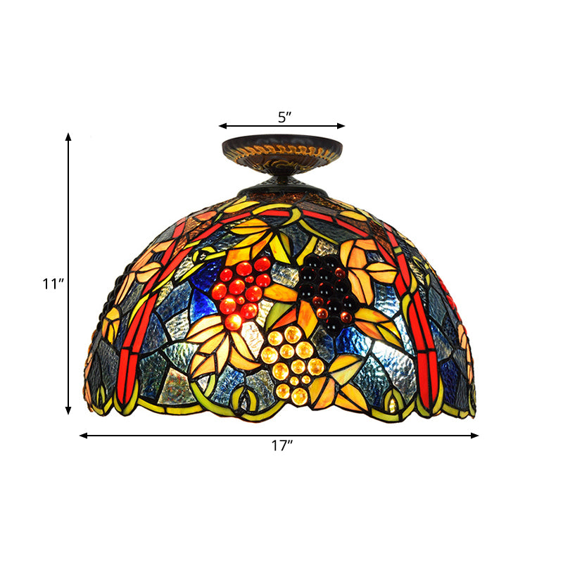 12"/16.5" W Victorian Domed Flush Ceiling Light 1 Light Stained Glass Lighting Fixture in Brass with Grape Pattern Clearhalo 'Ceiling Lights' 'Close To Ceiling Lights' 'Close to ceiling' 'Flush mount' Lighting' 2181711