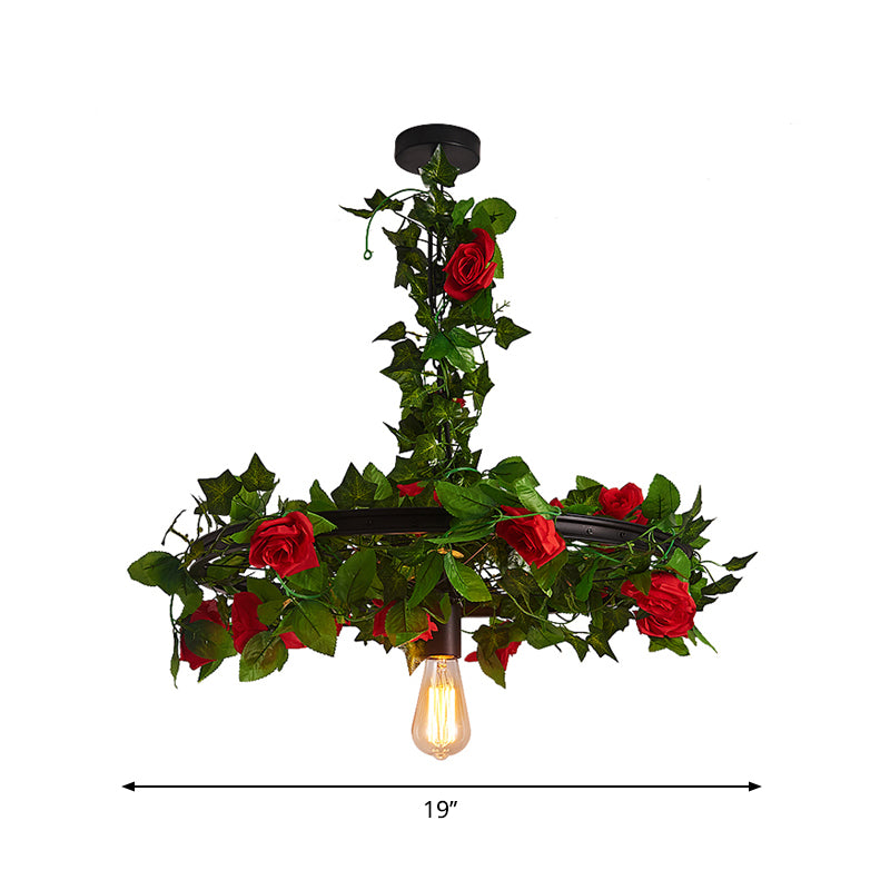 Black Wagon Wheel Ceiling Lamp Farmhouse Metallic 10"/15"/19" W 1-Light Restaurant Pendant Lighting Fixture with Plant Deco Clearhalo 'Art Deco Pendants' 'Black' 'Cast Iron' 'Ceiling Lights' 'Ceramic' 'Crystal' 'Industrial Pendants' 'Industrial' 'Metal' 'Middle Century Pendants' 'Pendant Lights' 'Pendants' 'Rustic Pendants' 'Tiffany' Lighting' 2181861