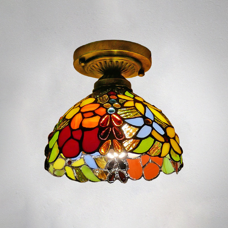 Single Semi Flush Tiffany Style Bowl Shade Stained Art Glass Flush Ceiling Light Fixture Yellow 8" Clearhalo 'Ceiling Lights' 'Close To Ceiling Lights' 'Close to ceiling' 'Glass shade' 'Glass' 'Semi-flushmount' 'Tiffany close to ceiling' 'Tiffany' Lighting' 2186447