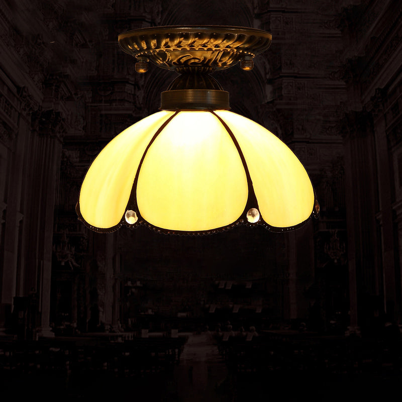 Decorative Dome Shade Semi Flush Mount 1-Light Stained Glass Ceiling Mounted Light Clearhalo 'Ceiling Lights' 'Close To Ceiling Lights' 'Close to ceiling' 'Glass shade' 'Glass' 'Semi-flushmount' 'Tiffany close to ceiling' 'Tiffany' Lighting' 2186452