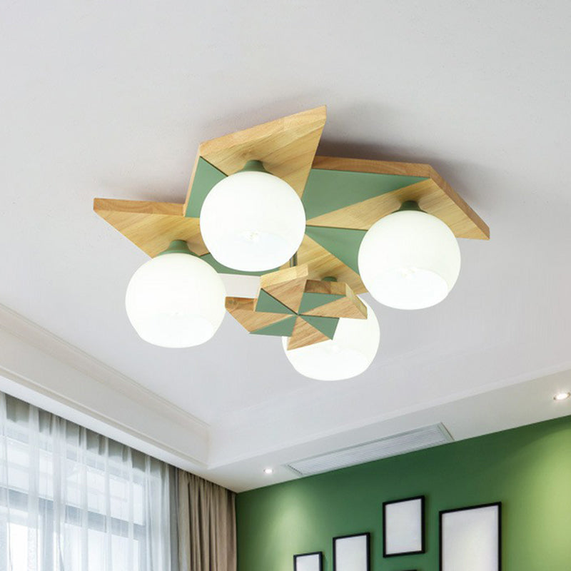 Windmill Kids Bedroom Flush Mount Light Wooden 4 Heads Nordic Flush Mount Fixture with Sphere Opal Glass Shade Clearhalo 'Ceiling Lights' 'Close To Ceiling Lights' 'Close to ceiling' 'Flush mount' Lighting' 2187035