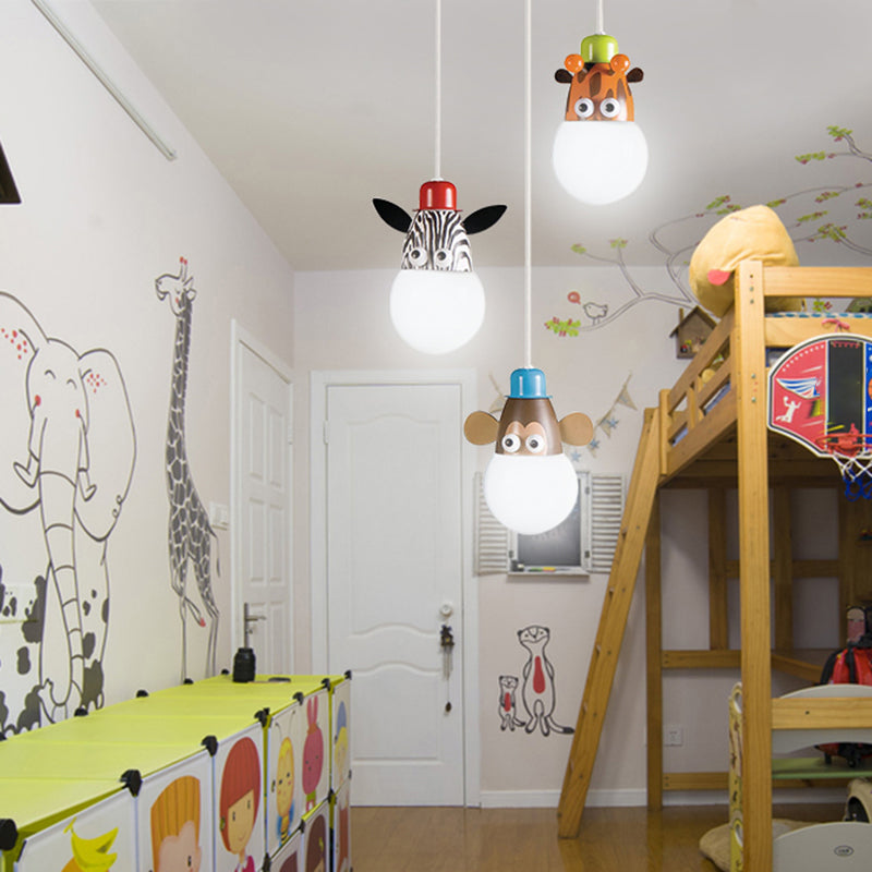 White Globe Hanging Light Cartoon 3 Heads Acrylic Multi Light Pendant with Animal Head Decor Clearhalo 'Ceiling Lights' 'Pendant Lights' 'Pendants' Lighting' 2187769