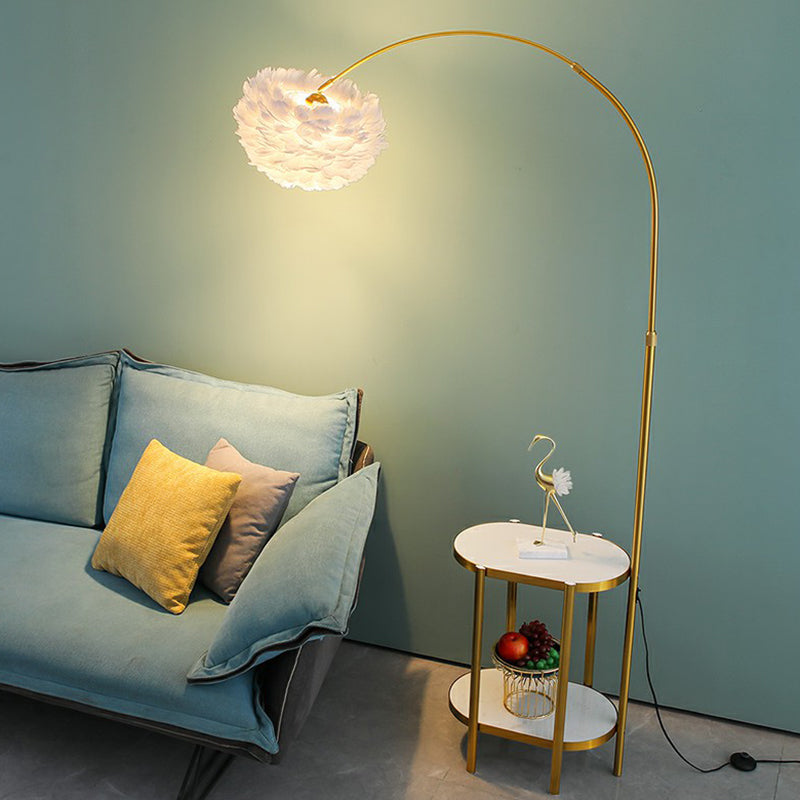Arc Arm Standing Light Modern Metallic 1-Light Living Room Floor Lighting with Feather Shade and 2-Tier Shelf Clearhalo 'Floor Lamps' 'Lamps' Lighting' 2196990