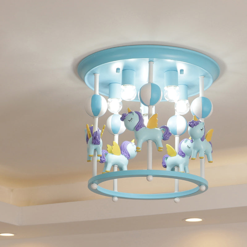 Cartoon Merry-Go-Round Semi Flush Resin 6 Heads Bedroom Flush Ceiling Light Fixture Clearhalo 'Ceiling Lights' 'Close To Ceiling Lights' 'Close to ceiling' 'Semi-flushmount' Lighting' 2197157
