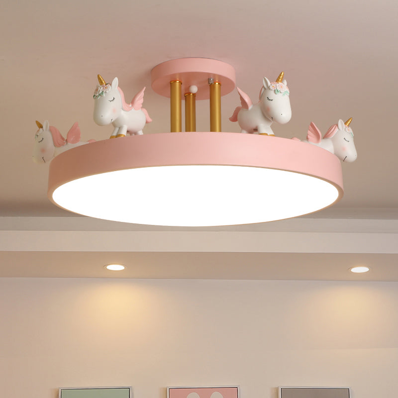 Round LED Semi Flush Mount Kids Style Acrylic Nursery Ceiling Mounted Light with Resin Unicorn Pink Metal Clearhalo 'Ceiling Lights' 'Close To Ceiling Lights' 'Close to ceiling' 'Semi-flushmount' Lighting' 2197160