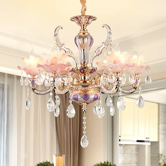 Pink Ruffle Floral Chandelier Light Retro Opaque Glass Living Room Pendant Light with Hanging Crystal Clearhalo 'Ceiling Lights' 'Chandeliers' Lighting' options 2204728
