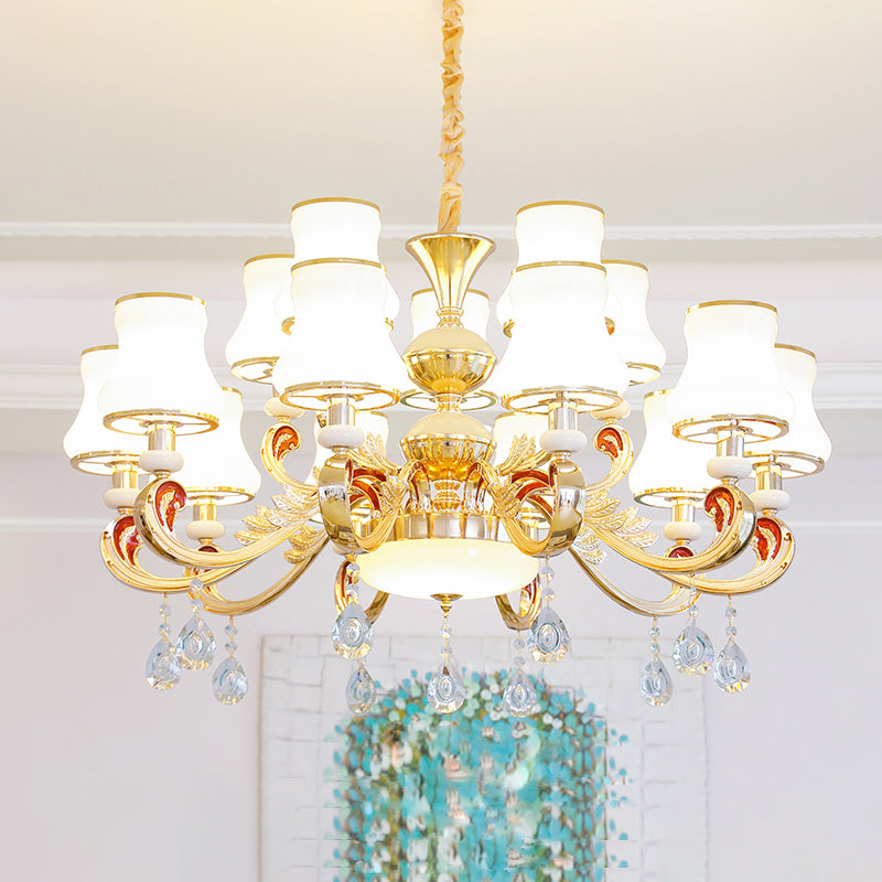 White Glass Bud Ceiling Lighting Traditional Living Room Chandelier Light Fixture with Crystal Draping 15 White A Clearhalo 'Ceiling Lights' 'Chandeliers' Lighting' options 2204817_0604dccc-b265-4dfc-889d-86293578a584