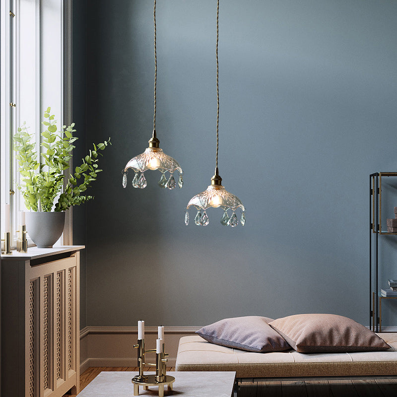 Bowl Clear Glass Ceiling Light Industrial Single Dining Room Hanging Pendant Light with Crystal Draping Clearhalo 'Art Deco Pendants' 'Cast Iron' 'Ceiling Lights' 'Ceramic' 'Crystal' 'Industrial Pendants' 'Industrial' 'Metal' 'Middle Century Pendants' 'Pendant Lights' 'Pendants' 'Tiffany' Lighting' 2216558