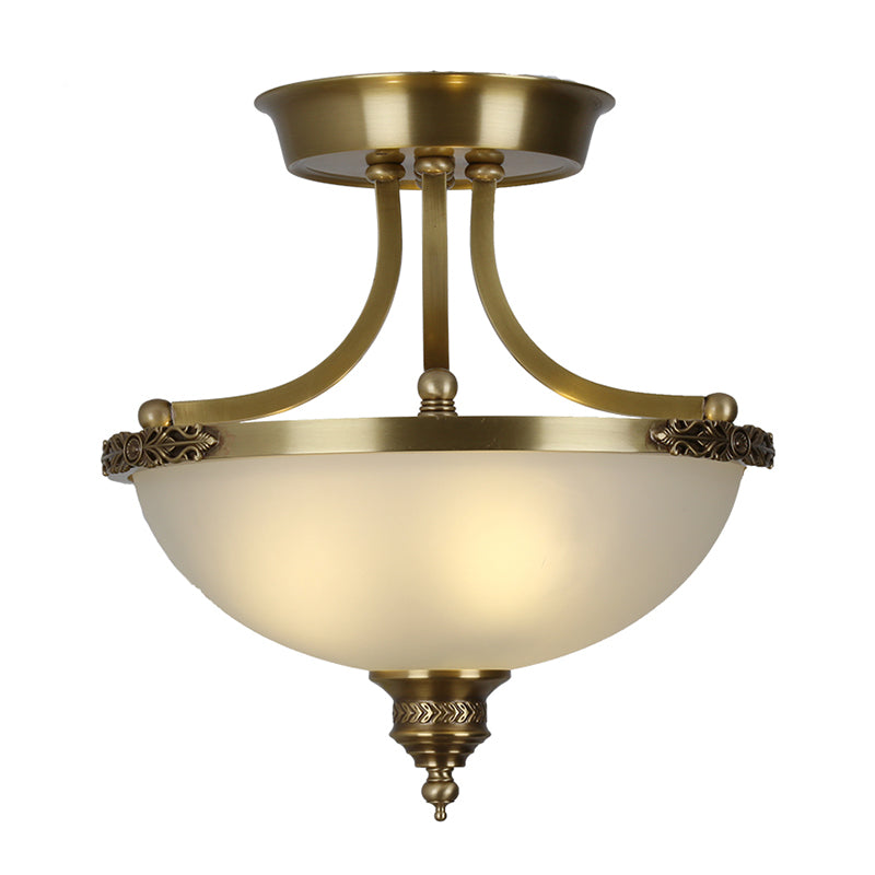 Inverted Dome Corridor Chandelier Pendant Light Vintage Frosted Glass 3 Bulbs Gold Hanging Light Clearhalo 'Ceiling Lights' 'Chandeliers' Lighting' options 2216948