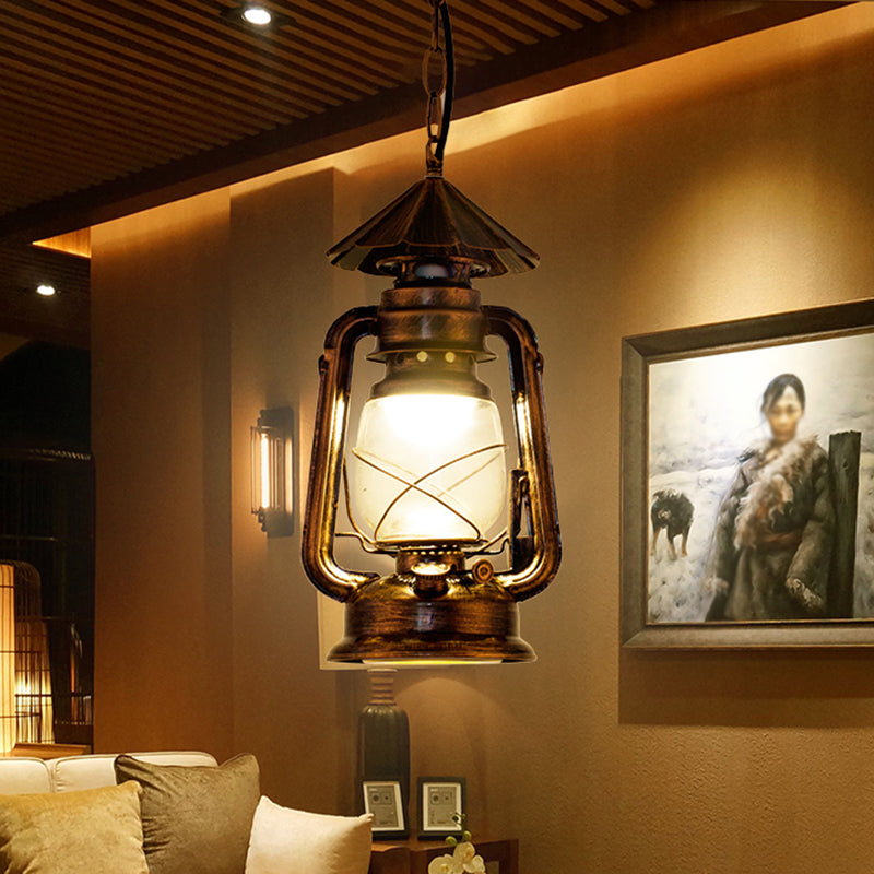 1 Bulb Hanging Light Simplicity Lantern Metallic Kerosene Lighting for Restaurant Clearhalo 'Ceiling Lights' 'Industrial Pendants' 'Industrial' 'Middle Century Pendants' 'Pendant Lights' 'Pendants' 'Tiffany' Lighting' 2217164_0eced7c9-27eb-4c94-841a-1cbeff40db86