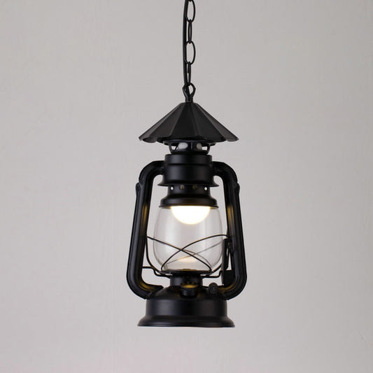 1 Bulb Hanging Light Simplicity Lantern Metallic Kerosene Lighting for Restaurant Black 7" C Clearhalo 'Ceiling Lights' 'Industrial Pendants' 'Industrial' 'Middle Century Pendants' 'Pendant Lights' 'Pendants' 'Tiffany' Lighting' 2217188_a731d0bd-3657-4b67-baa7-50b1ddd8d921