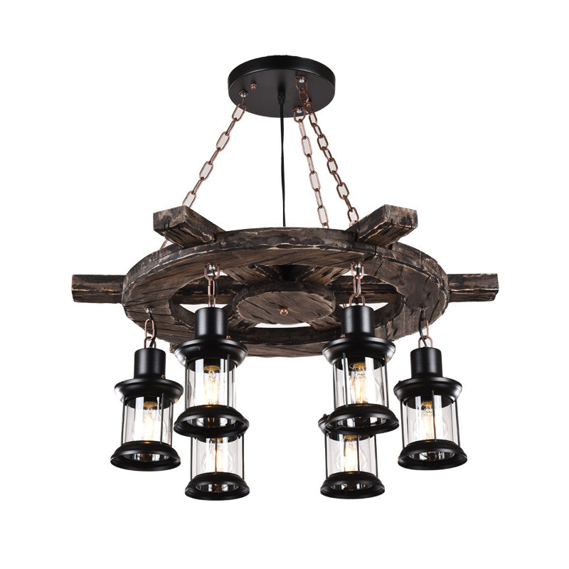 Iron Lantern Chandelier Light Antique Restaurant Commercial Pendant Lighting in Wood Wood C Clearhalo 'Carpenter Chandeliers' 'Ceiling Lights' 'Chandeliers' 'Industrial Chandeliers' 'Industrial' 'Middle Century Chandeliers' 'Modern' 'Tiffany' Lighting' 2217212