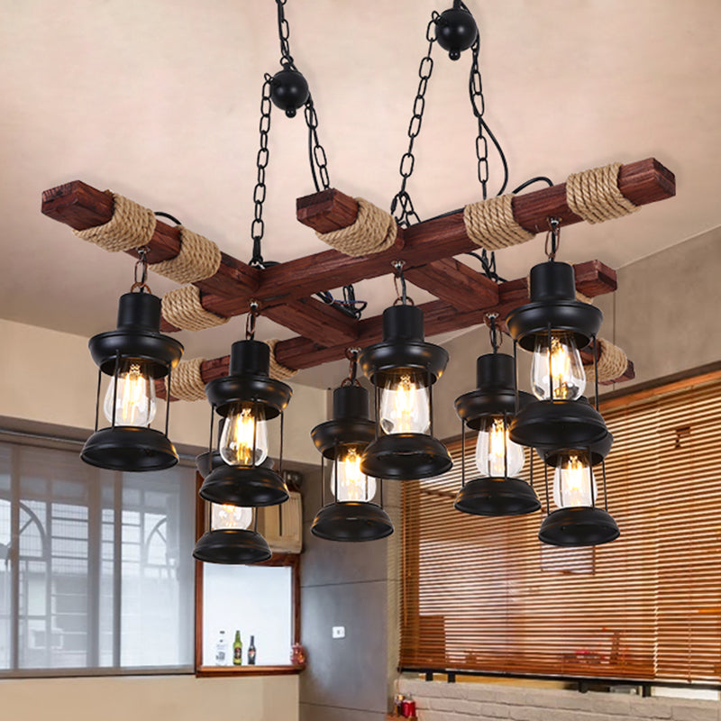 Lantern Iron Ceiling Lighting Nautical Restaurant Chandelier Light Fixture in Wood Clearhalo 'Carpenter Chandeliers' 'Ceiling Lights' 'Chandeliers' 'Industrial Chandeliers' 'Industrial' 'Middle Century Chandeliers' 'Modern' 'Tiffany' Lighting' 2217238