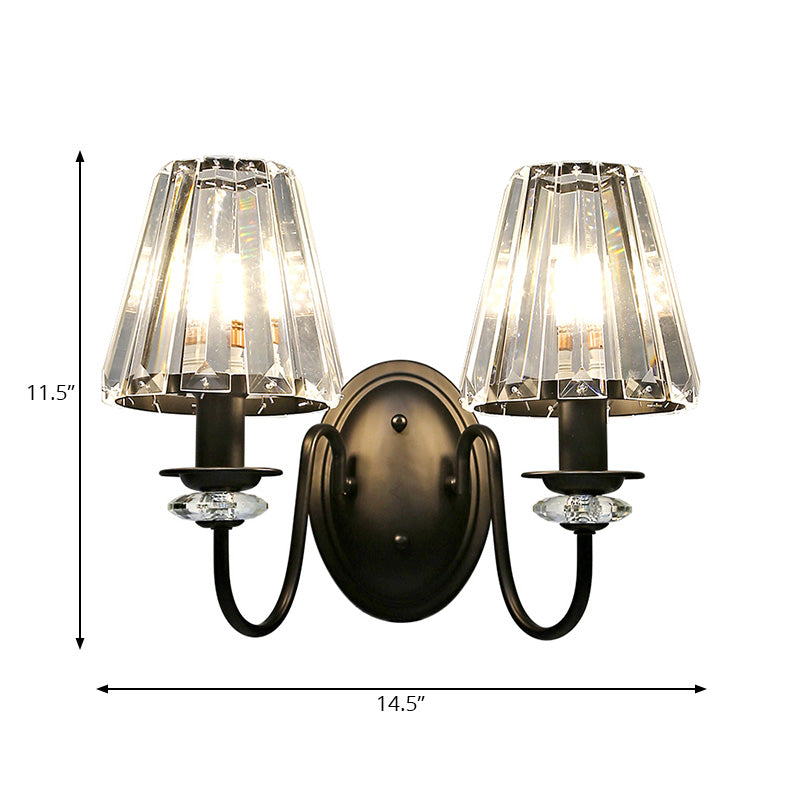 Clear Crystal Prism Wall Sconce Lamp Modernist 2 Lights Black Finish Wall Light with Cone Shade and Gooseneck Arm Clearhalo 'Cast Iron' 'Glass' 'Industrial' 'Modern wall lights' 'Modern' 'Tiffany' 'Traditional wall lights' 'Wall Lamps & Sconces' 'Wall Lights' Lighting' 222082