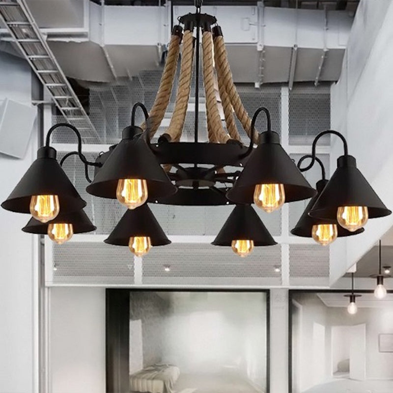 Circular Iron Ceiling Lighting Industrial Restaurant Chandelier Light Fixture with Hemp Rope in Black Clearhalo 'Cast Iron' 'Ceiling Lights' 'Chandeliers' 'Industrial Chandeliers' 'Industrial' 'Metal' 'Middle Century Chandeliers' 'Rustic Chandeliers' 'Tiffany' Lighting' 2227623