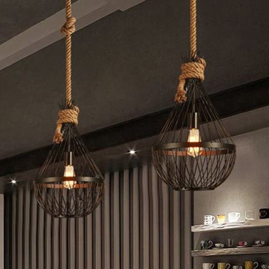 Pear-Shaped Iron Suspension Lighting Retro 1��Head Restaurant Pendant Ceiling Light with Hemp Rope in Black Black Clearhalo 'Ceiling Lights' 'Industrial Pendants' 'Industrial' 'Middle Century Pendants' 'Pendant Lights' 'Pendants' 'Tiffany' Lighting' 2227811_4c387b25-a37c-4c2f-90c6-a71f7c4d0789