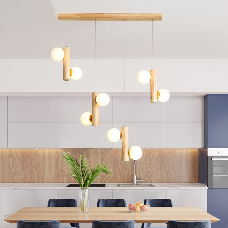 Contemporary Modo Suspension Light Cream Glass Dining Room Multi Light Pendant in Wood Clearhalo 'Ceiling Lights' 'Modern Pendants' 'Modern' 'Pendant Lights' 'Pendants' Lighting' 2228641