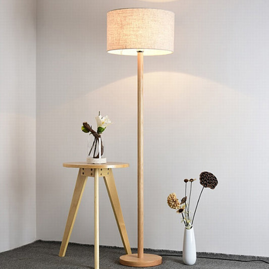 Simplicity Geometrical Floor Lamp Fabric 1-Light Study Room Standing Lighting in Wood Wood Cylinder Clearhalo 'Floor Lamps' 'Lamps' Lighting' 2228660