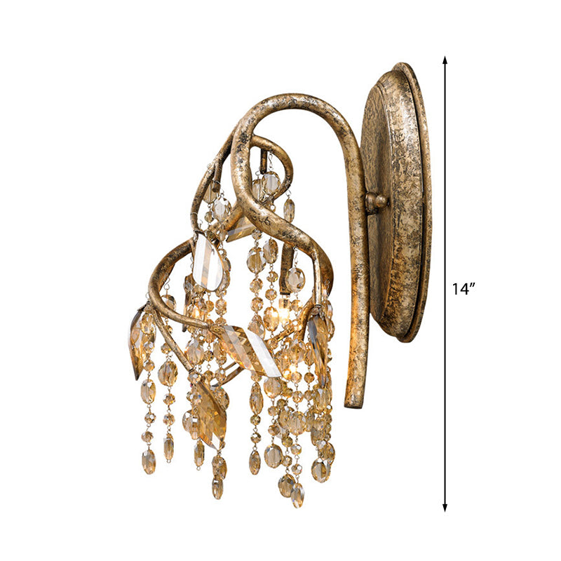 Branching Wall Mount Lighting Vintage Metal 1 Bulb Brass Finish Sconce Light with Amber Crystal Bead Accent Clearhalo 'Modern wall lights' 'Modern' 'Wall Lamps & Sconces' 'Wall Lights' Lighting' 223005