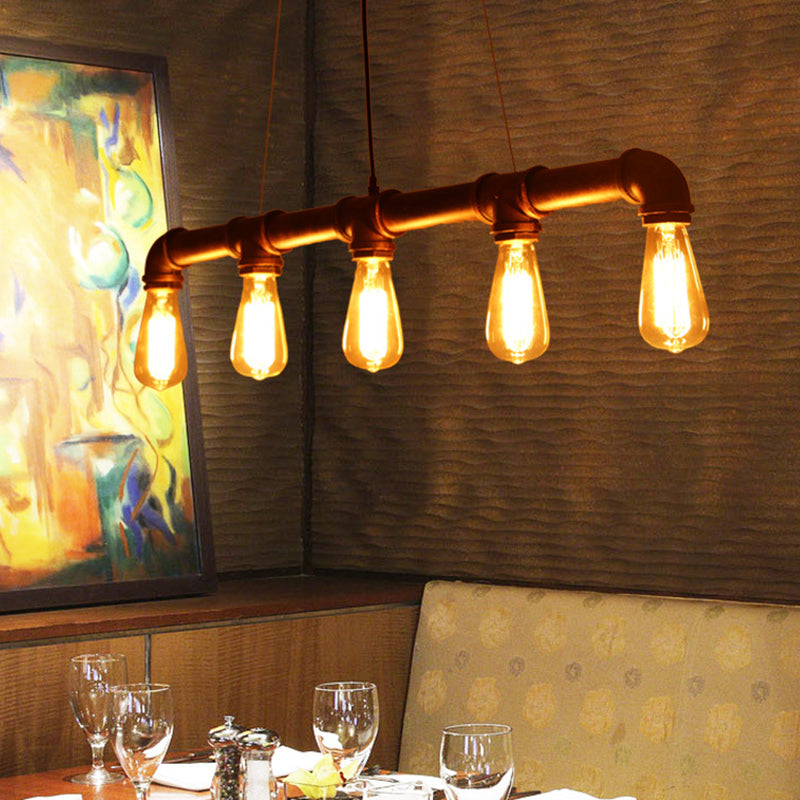 Antique Water Pipe Pendant Light 5 Heads Iron Hanging Island Light in Rust for Restaurant Clearhalo 'Ceiling Lights' 'Island Lights' Lighting' 2235655