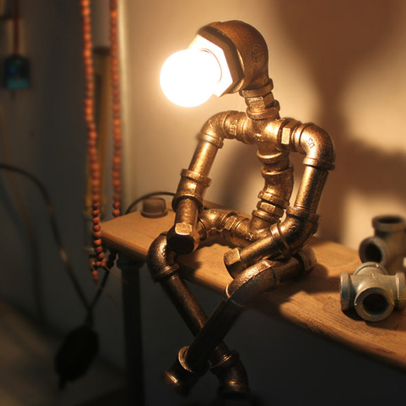 1 Head Nightstand Lamp Rustic Pipe Robot Iron Nightstand Lighting in Bronze for Cafe Clearhalo 'Lamps' 'Table Lamps' Lighting' 2235694