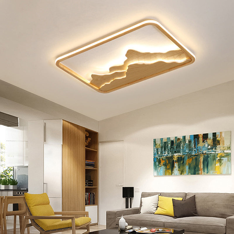 Wood Rectangle Flush Ceiling Light Chinese Bedroom LED Flush Mount Lighting Fixture with Mountain Decor Wood Third Gear Clearhalo 'Ceiling Lights' 'Close To Ceiling Lights' 'Close to ceiling' 'Flush mount' Lighting' 2235828