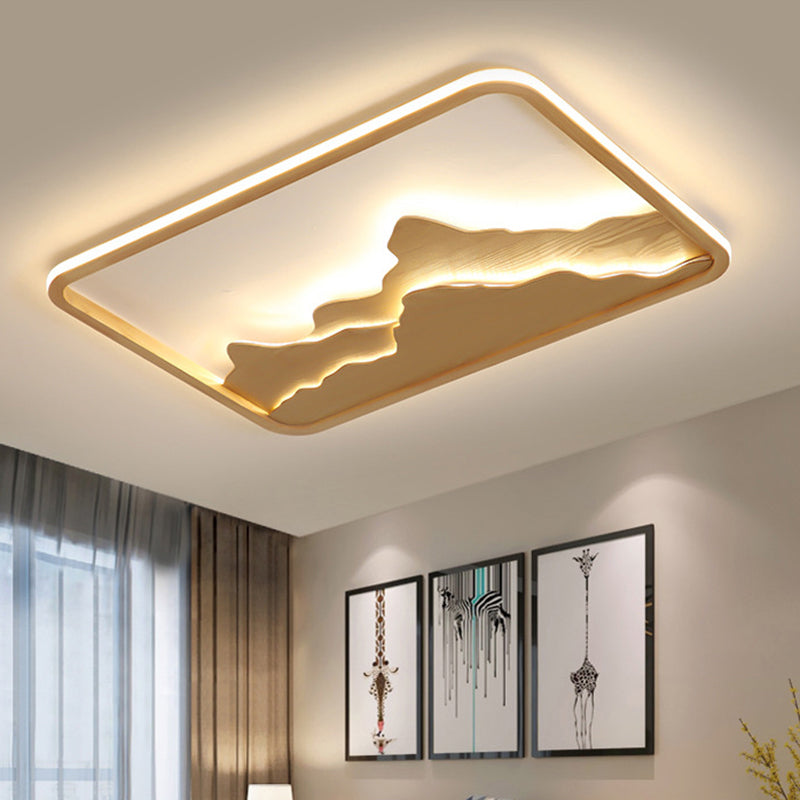 Wood Rectangle Flush Ceiling Light Chinese Bedroom LED Flush Mount Lighting Fixture with Mountain Decor Wood Remote Control Stepless Dimming Clearhalo 'Ceiling Lights' 'Close To Ceiling Lights' 'Close to ceiling' 'Flush mount' Lighting' 2235829