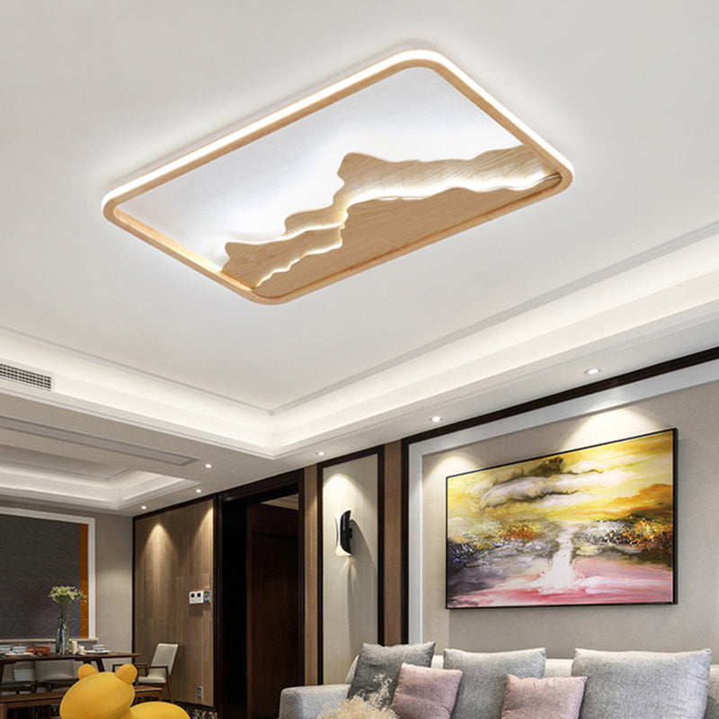Wood Rectangle Flush Ceiling Light Chinese Bedroom LED Flush Mount Lighting Fixture with Mountain Decor Wood Natural Clearhalo 'Ceiling Lights' 'Close To Ceiling Lights' 'Close to ceiling' 'Flush mount' Lighting' 2235830