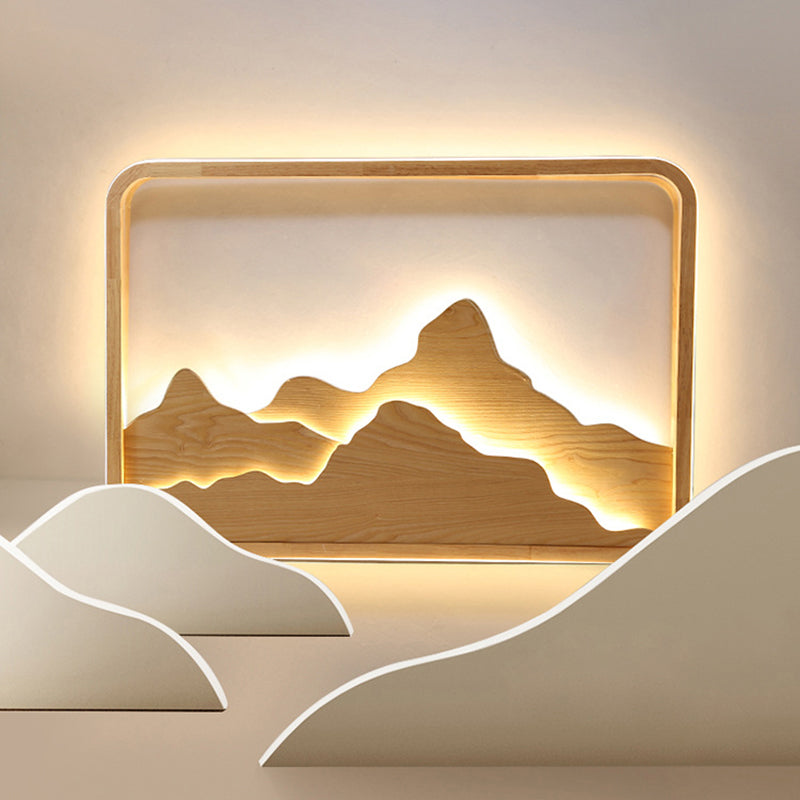 Wood Rectangle Flush Ceiling Light Chinese Bedroom LED Flush Mount Lighting Fixture with Mountain Decor Clearhalo 'Ceiling Lights' 'Close To Ceiling Lights' 'Close to ceiling' 'Flush mount' Lighting' 2235831