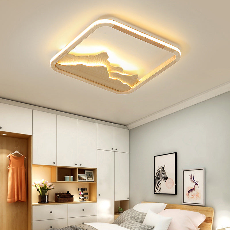 Wood Rectangle Flush Ceiling Light Chinese Bedroom LED Flush Mount Lighting Fixture with Mountain Decor Wood Clearhalo 'Ceiling Lights' 'Close To Ceiling Lights' 'Close to ceiling' 'Flush mount' Lighting' 2235832